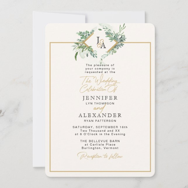 Invitation Monogramme rustique or verdure Eucalyptus Mariage (Devant)