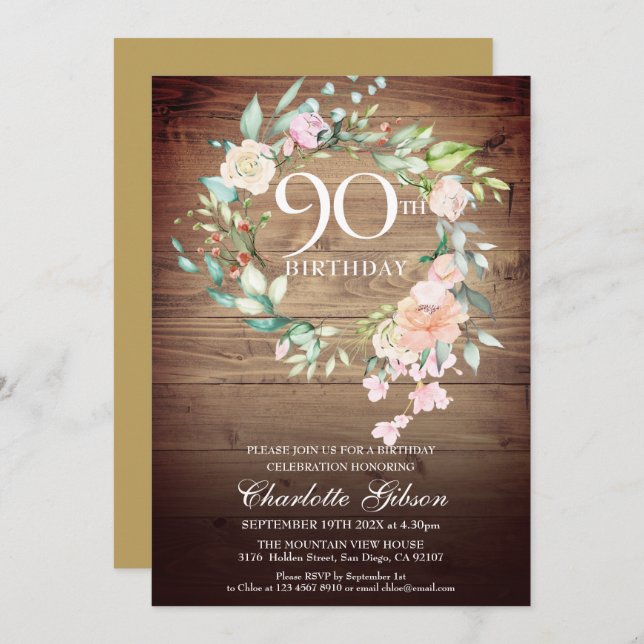 Invitation Monogramme rustique Rose Garland 90e anniversaire (Devant / Derrière)