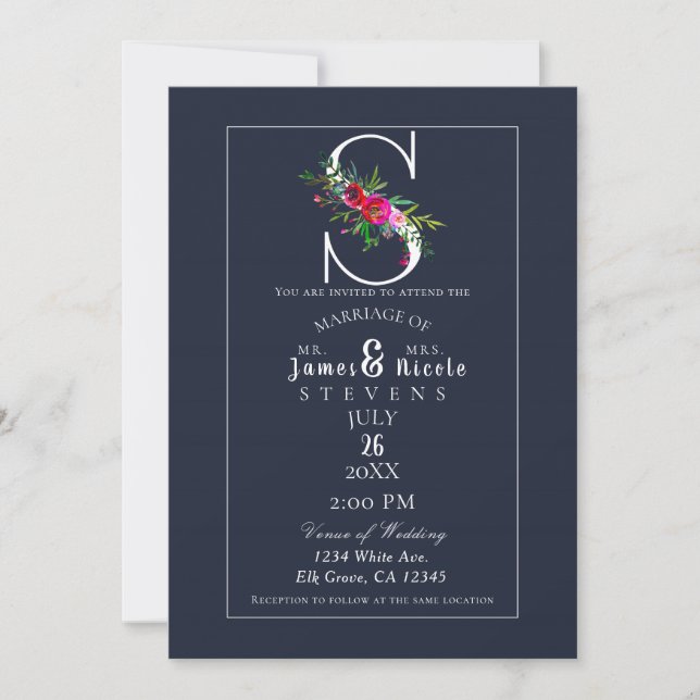 Invitation Monogramme S initiale moderne florale bleue de mar (Devant)