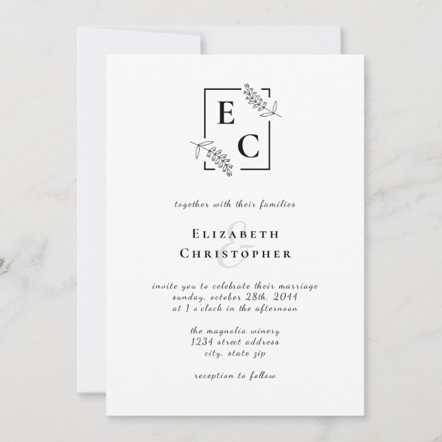 Invitation Monogramme Simple Chic noir blanc Mariage botaniqu (Devant)