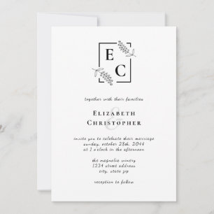 Invitation Monogramme Simple Chic noir blanc Mariage botaniqu