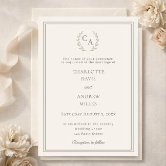 Invitation Monogramme simple couronne taupe ivoire pour maria