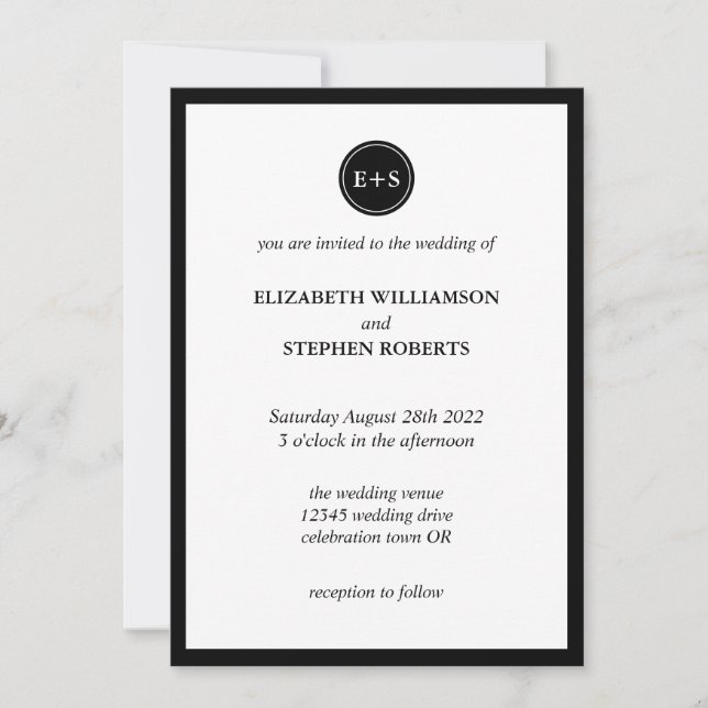 Invitation Monogramme simple | Mariage noir et blanc (Devant)