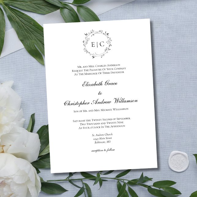 Invitation Monogramme Simple Traditionnel Formel Élégant Mari (Elegant Monogram Laurel Wreath Traditional Formal Classic Black White  Minimalist Wedding Invitation)