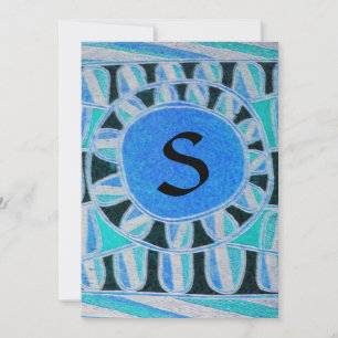Invitation MONOGRAMME SOLAIRE, bleu or turquase noir blanc