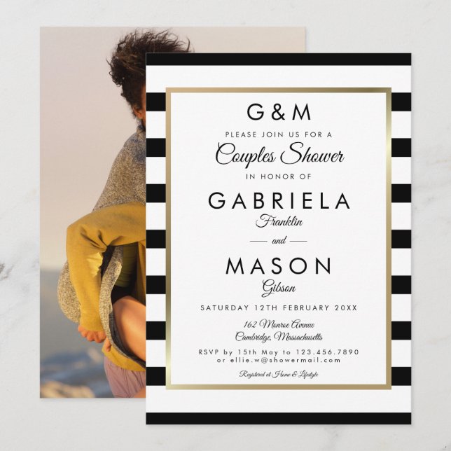 Invitation Monogramme Stripe Mariage Couples Douche Photo (Devant / Derrière)