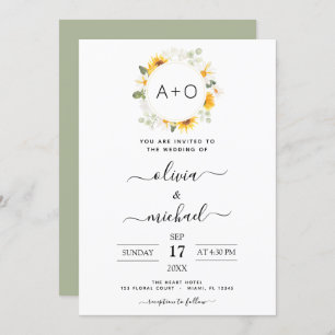 Invitation Monogramme tournesol Eucalyptus Mariage vert Inv.