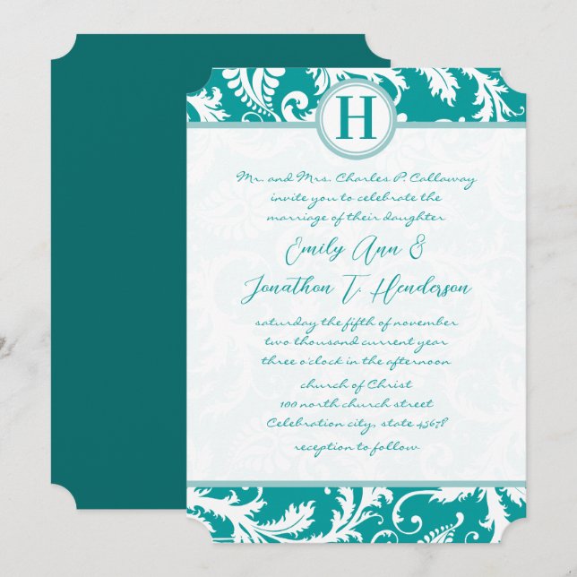 Invitation Monogramme Turquoise Aqua Vintage Mariage damassé  (Devant / Derrière)