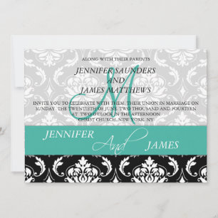 Invitation Monogramme Turquoise Black Mariage damassé Invitat