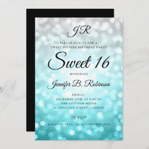 Invitation Monogramme Turquoise Ombre Lights Sweet 16 Anniver