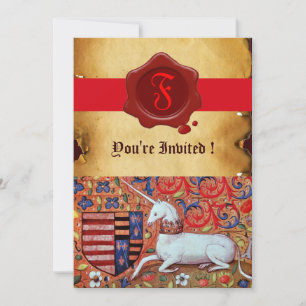 INVITATION MONOGRAMME UNICORN FLORAL PARCHMENT RED WAX SEAL
