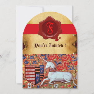 INVITATION MONOGRAMME UNICORN FLORAL PARCHMENT RED WAX SEAL