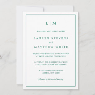 Invitation Monogramme vert émeraude simple Mariage élégant