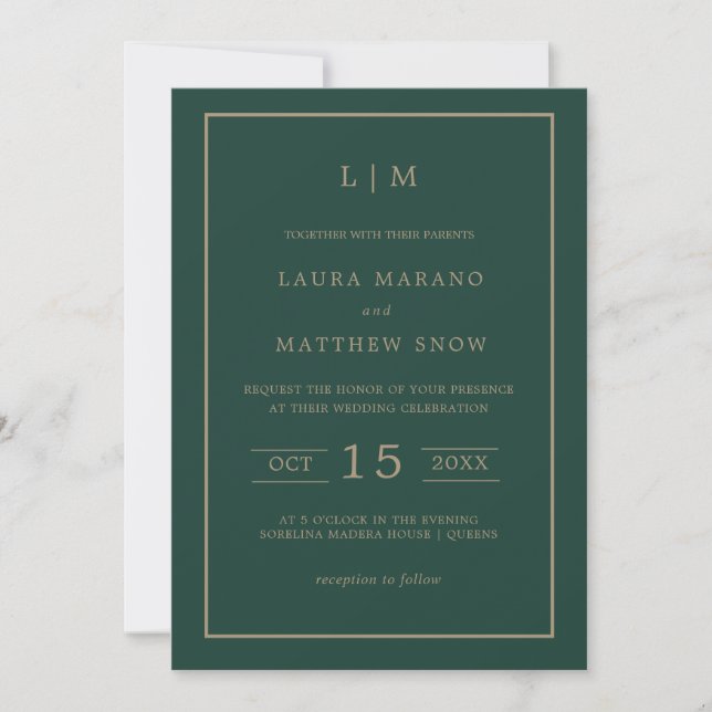 Invitation Monogramme vert émeraude simple Mariage moderne (Devant)