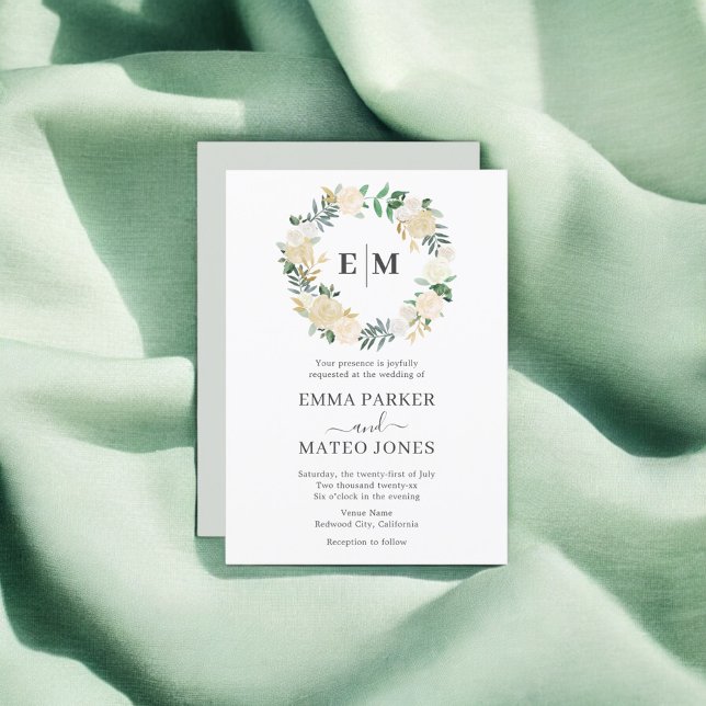 Invitation Monogramme Vert Floral Élégant Mariage blanc (Créateur téléchargé)