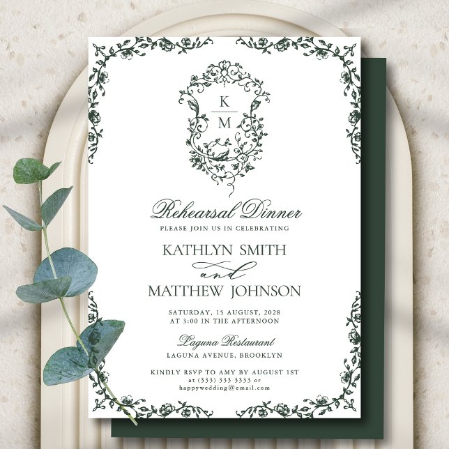 Invitation Monogramme vert foncé Dîner de répétition Vintage  (Créateur téléchargé)