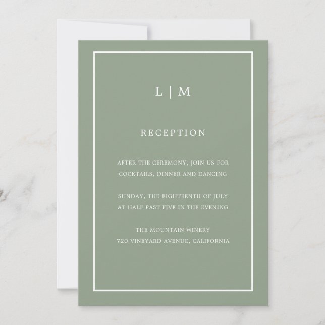 Invitation Monogramme vert minimal Sage Simple Mariage élégan (Devant)