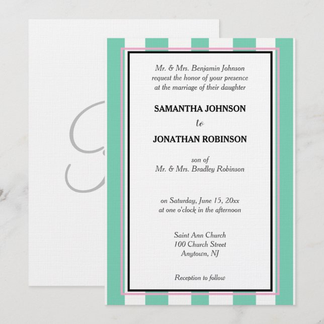 Invitation Monogrammé Vert Mousse Rose Blanc Rayures de Caban (Devant / Derrière)
