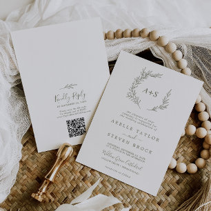 Invitation Monogramme vert olive feuille minimale QR Code Mar