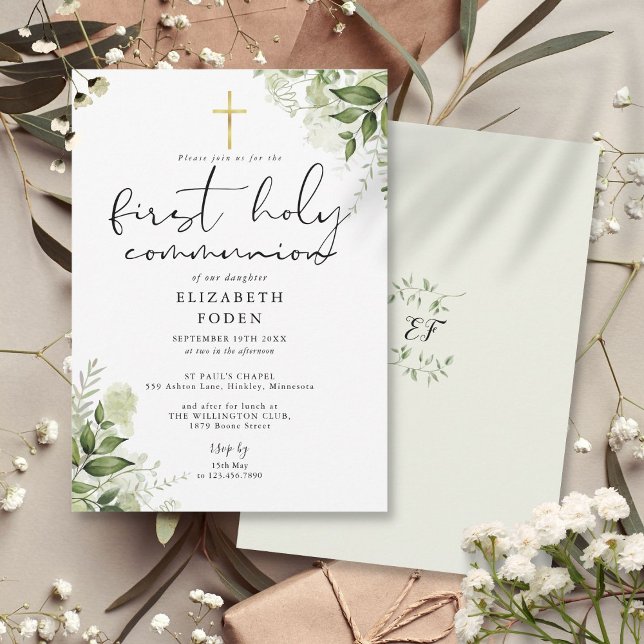 Invitation Monogramme vert rustique Première communion sainte (Rustic Greenery Monogram First Holy Communion Invitation)