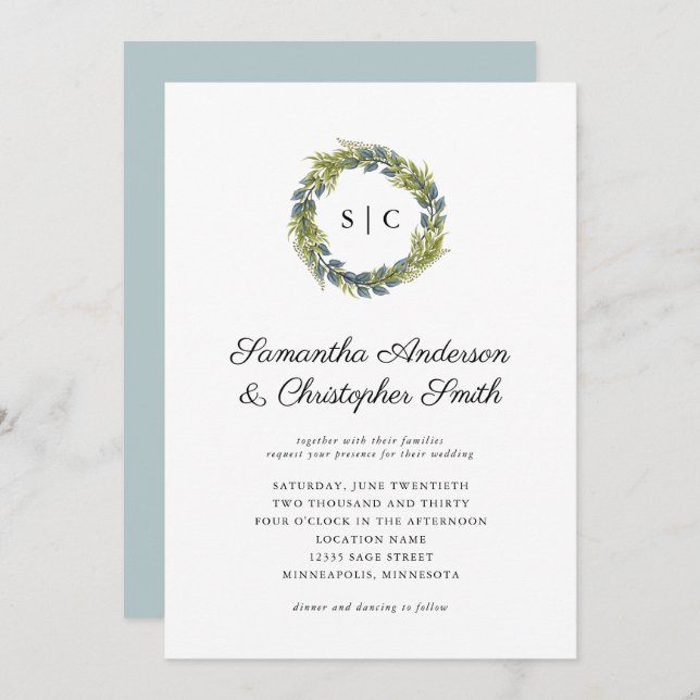 Invitation Monogramme vert Wreath Mariage Turquoise léger (Devant / Derrière)