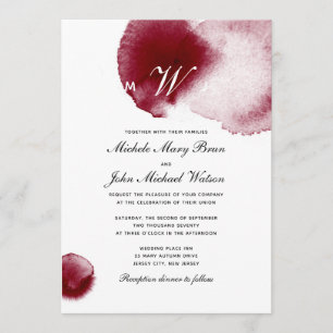 Invitation Monogramme Vin Rouge Déversement Bourgogne Mariage