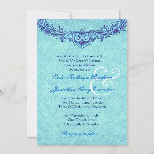 Invitation Monogramme Vintage Aqua et Royal Blue H346 (Devant)