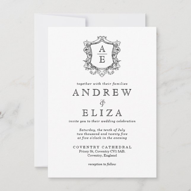 Invitation Monogramme Vintage classique Mariage noir et blanc (Devant)