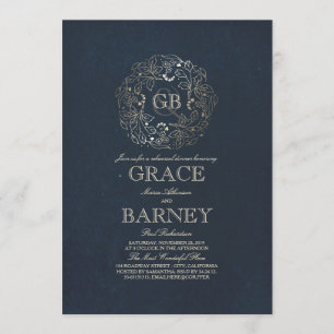 Invitation Monogramme Vintage Floral Marine Dîner de répétiti
