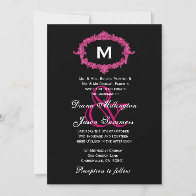 Invitation Monogramme Vintage noir et rose Mariage (Devant)