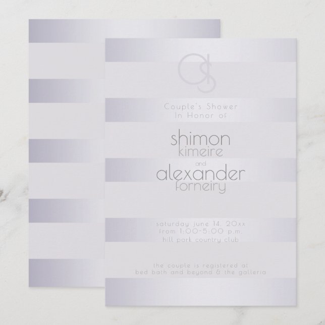 Invitation Monogramme Violet Argent Brimmer Stripes (Devant / Derrière)