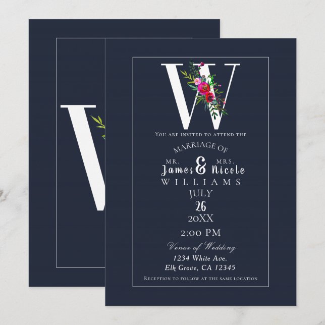 Invitation Monogramme W dernière initiale moderne floral bleu (Devant / Derrière)