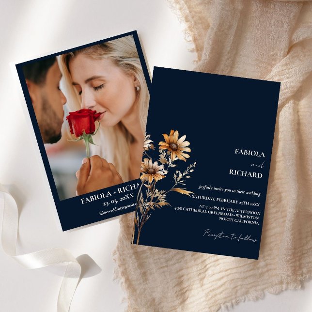 Invitation Monogramme Whimsical Boho Blue Fleur sauvage Maria (Créateur téléchargé)