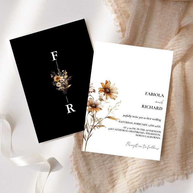 Invitation Monogramme Whimsical Mariage Fleur sauvage BLack (Créateur téléchargé)