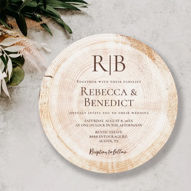 Invitation Monogramme Wood Tree Grain Unique Mariage rustique (Custom monogram rustic wood cut slice round wedding invitation card.)