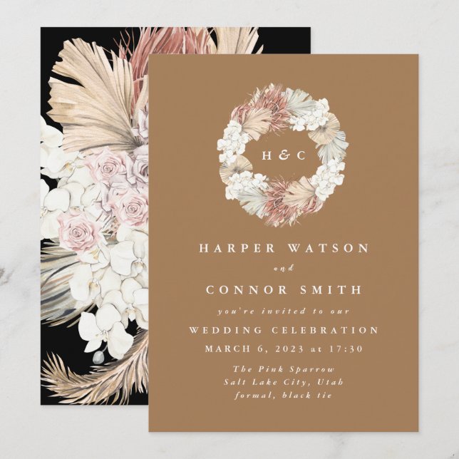 Invitation Monogramme Wreath Pampas Grass Floral Tropical (Devant / Derrière)