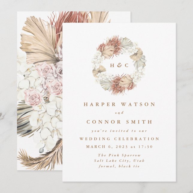 Invitation Monogramme Wreath Pampas Grass Floral Tropical Bla (Devant / Derrière)