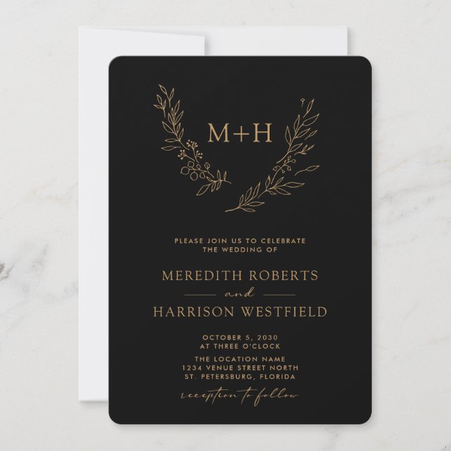 Invitation Monogramme Wreath QR Code Gold sur Mariage noir (Devant)