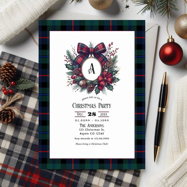 Invitation Monogramme Wreath Vintage Plaid Noël (Monogram Wreath Vintage Plaid Christmas Party Invitation)