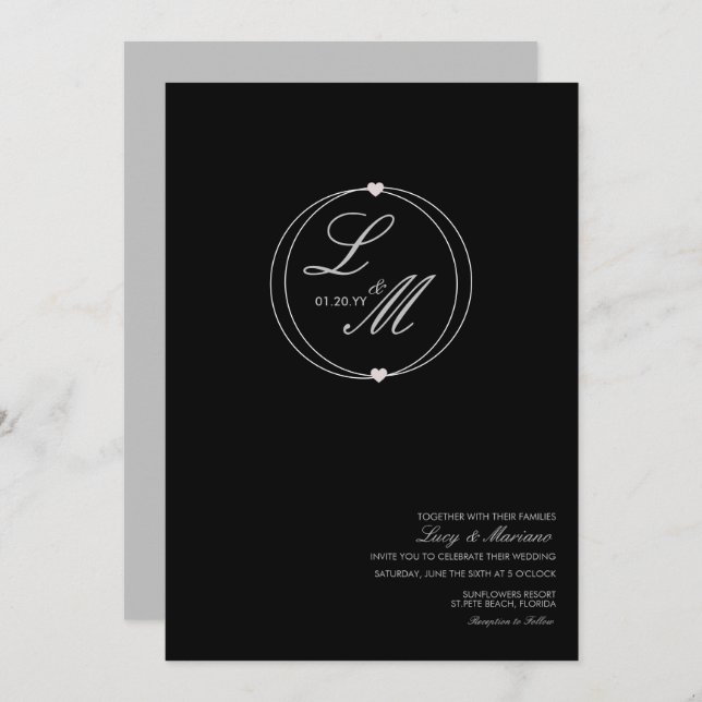 Invitation Monogrammed Elegant Script Circular Heart Wedding (Devant / Derrière)