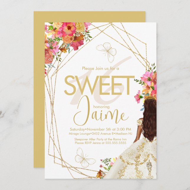 Invitation Monogrammed Sweet 16 Florals Garden Girl (Devant / Derrière)