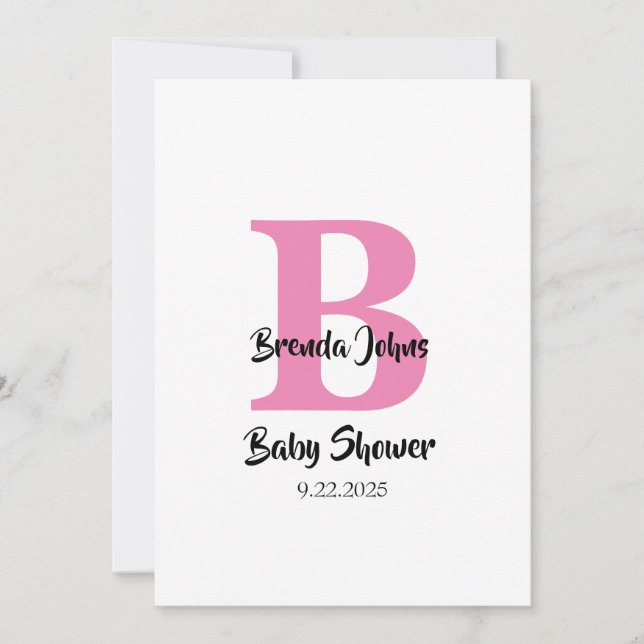 Invitation Monogrammes Baby shower rose blanc mignon simple (Devant)