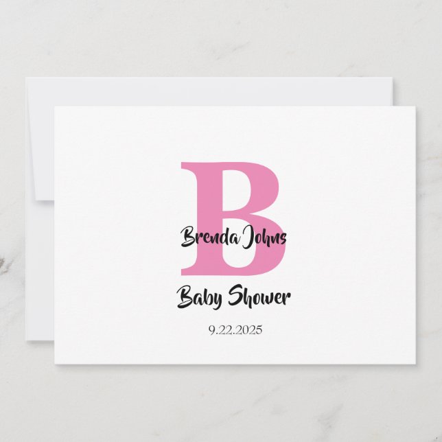 Invitation Monogrammes Baby shower rose blanc mignon tendance (Devant)