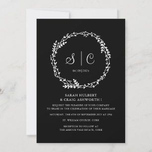 Invitation Monogrammes blancs noirs Botaniques floraux couron