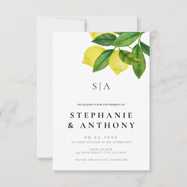 Invitation Monogrammes Branche de Citron Vert Mariage (Devant)
