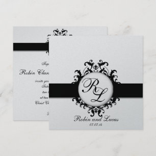 Invitation Monogrammes chics de damassé épousant le blanc