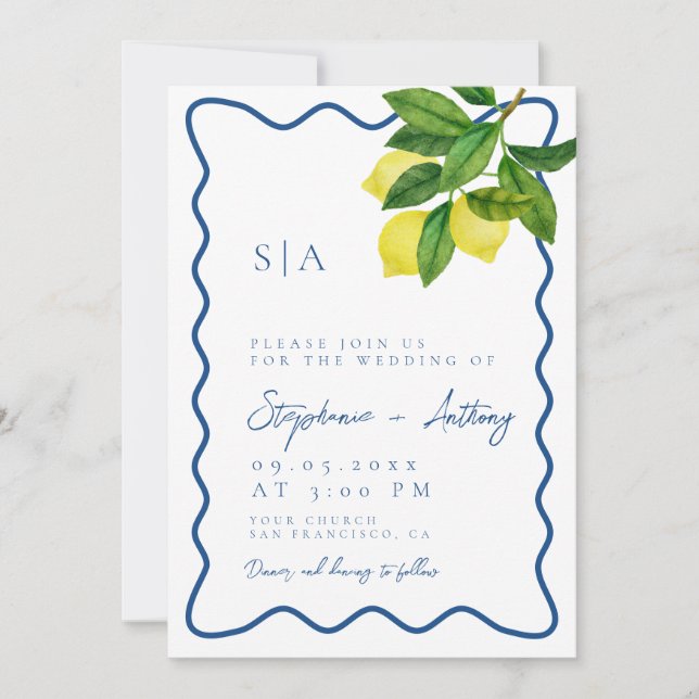 Invitation Monogrammes Citron Citrus, Bordure Vague Bleue Mar (Devant)