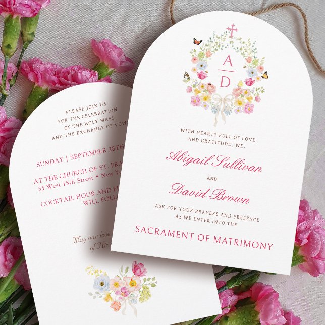 Invitation Monogrammes de cadre de fleurs vives Mariage catho (Créateur téléchargé)
