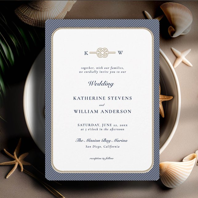 Invitation Monogrammes de noeud nautique Élégant Mariage de l (simple beach wedding invitation nautical rope infinity knot navy tan modern classic minimalist)