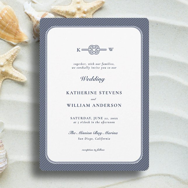 Invitation Monogrammes de noeud nautique Élégant Mariage de p (simple beach wedding invitation nautical rope infinity knot navy blue modern classic minimalist)